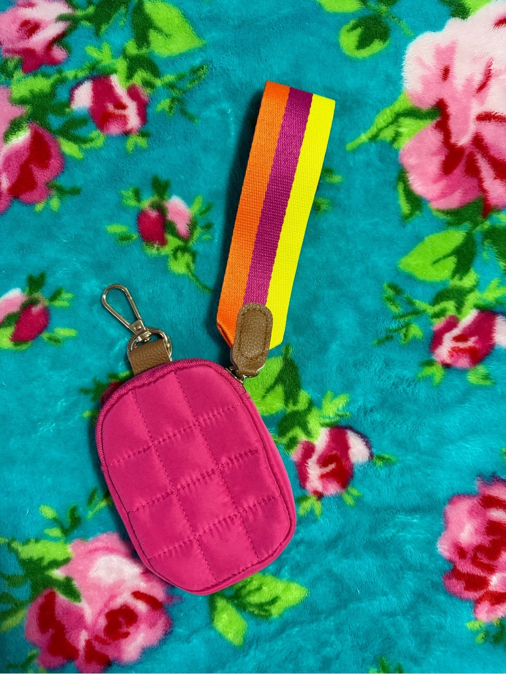 Pink Quilted Key Pouch with Neon Stripe Wristlet